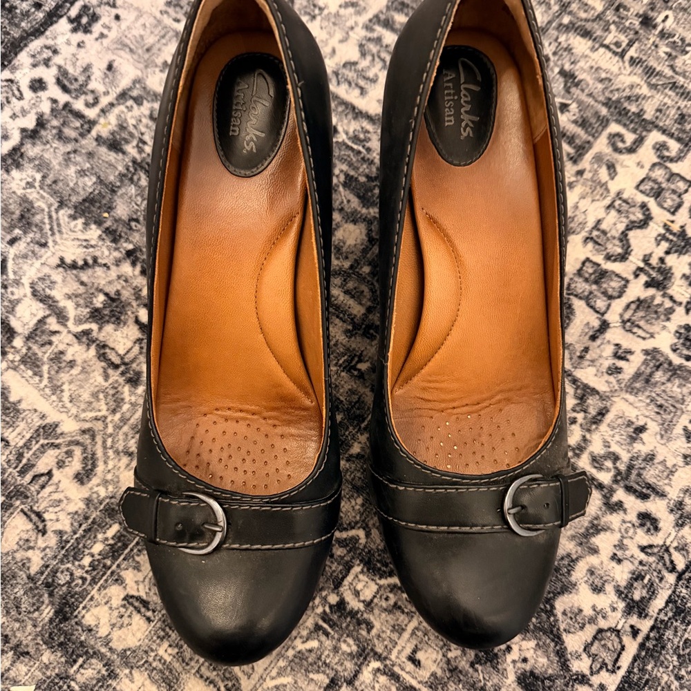 Clarks Black Leather Heels with Buckle Detail